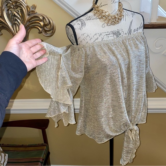 Tyche Tops - Tyche off the shoulder gold shimmer tie front top